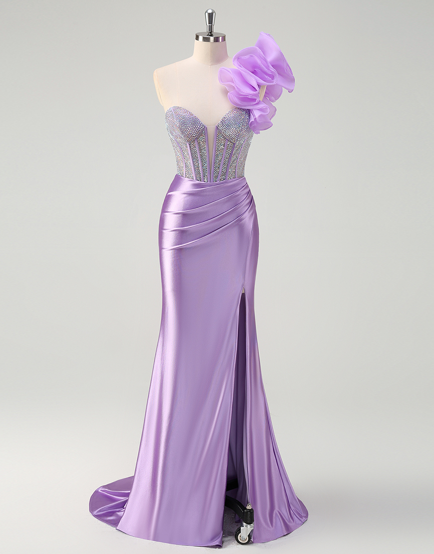 Sparkly Lilac Mermaid Ruffle One Shoulder Beaded Corset Long Prom Dress with Slit