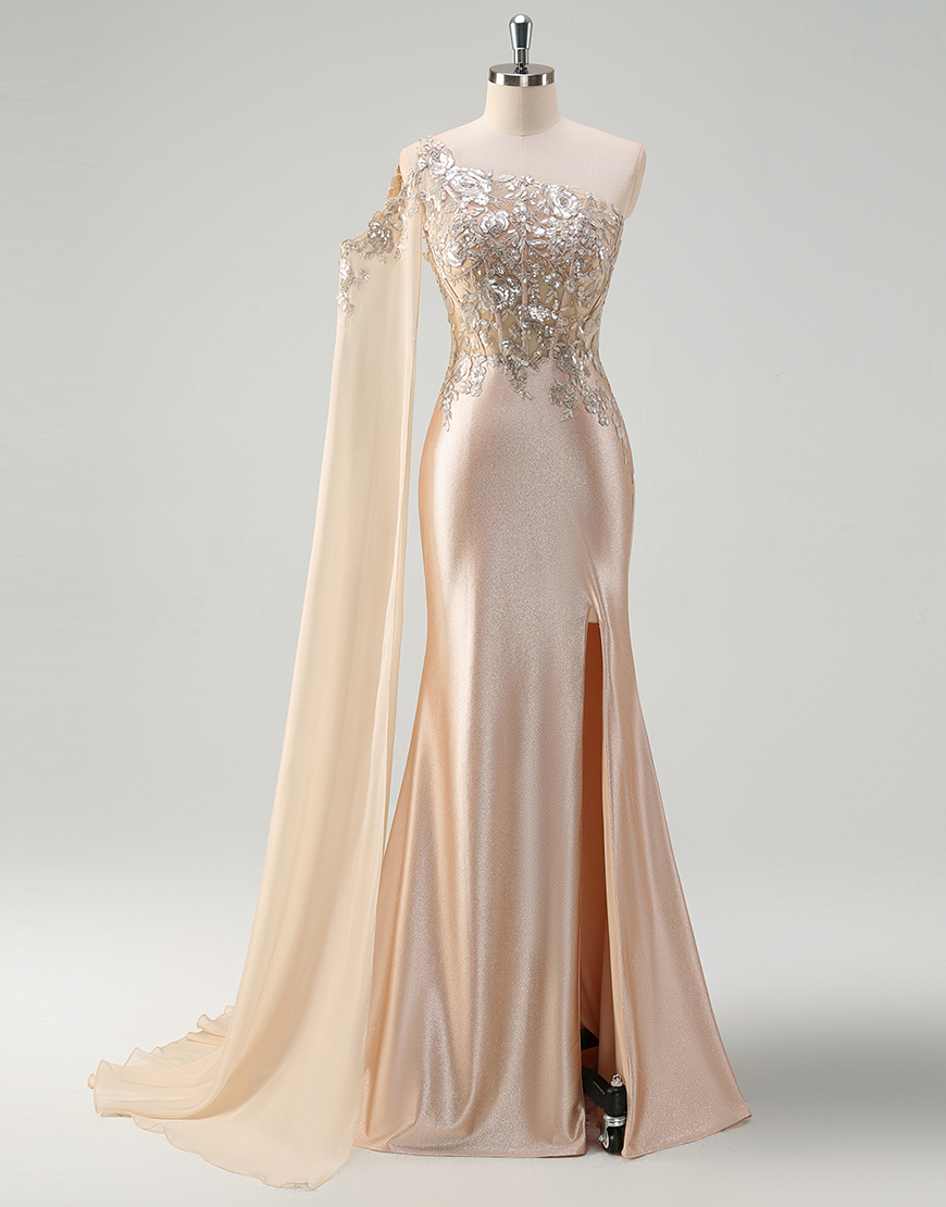 Sparkly Champagne Mermaid One Shoulder Satin Appliques Long Prom Dress with Slit