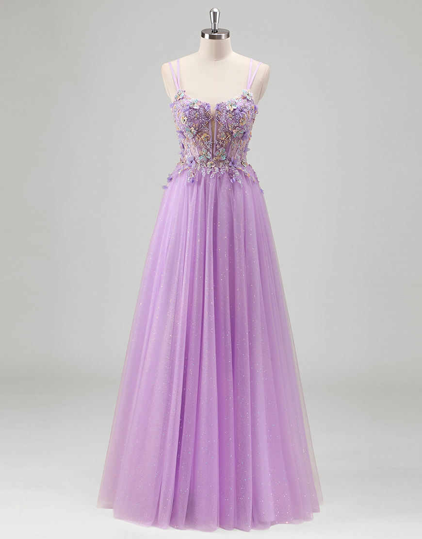 Sparkly Lilac A-Line Spaghetti Straps Beading Flowers Corset Long Prom Dress