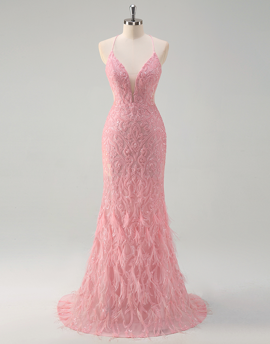 Sparkly Pink Mermaid Sequined Spaghetti Straps Long Prom Dress with Feathers
