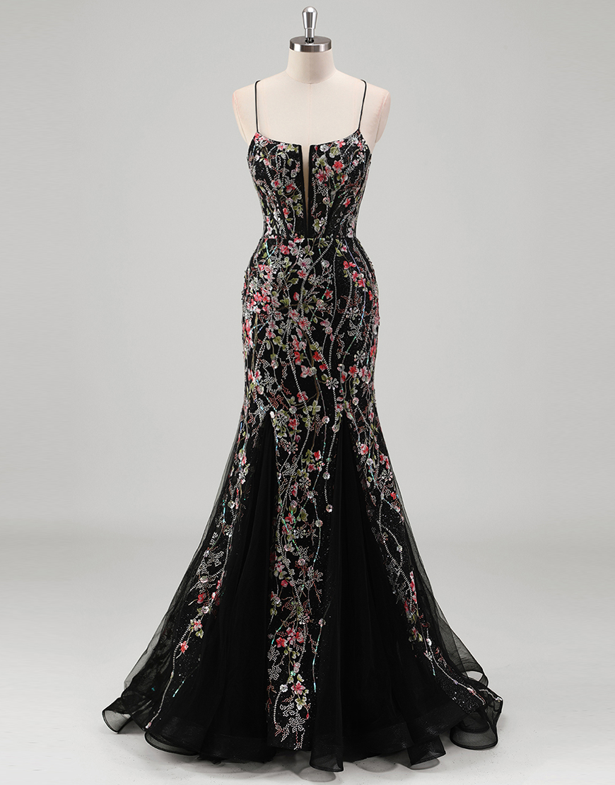 Sparkly Black Mermaid Floral Embroidery Beading Spaghetti Straps Long Prom Dress