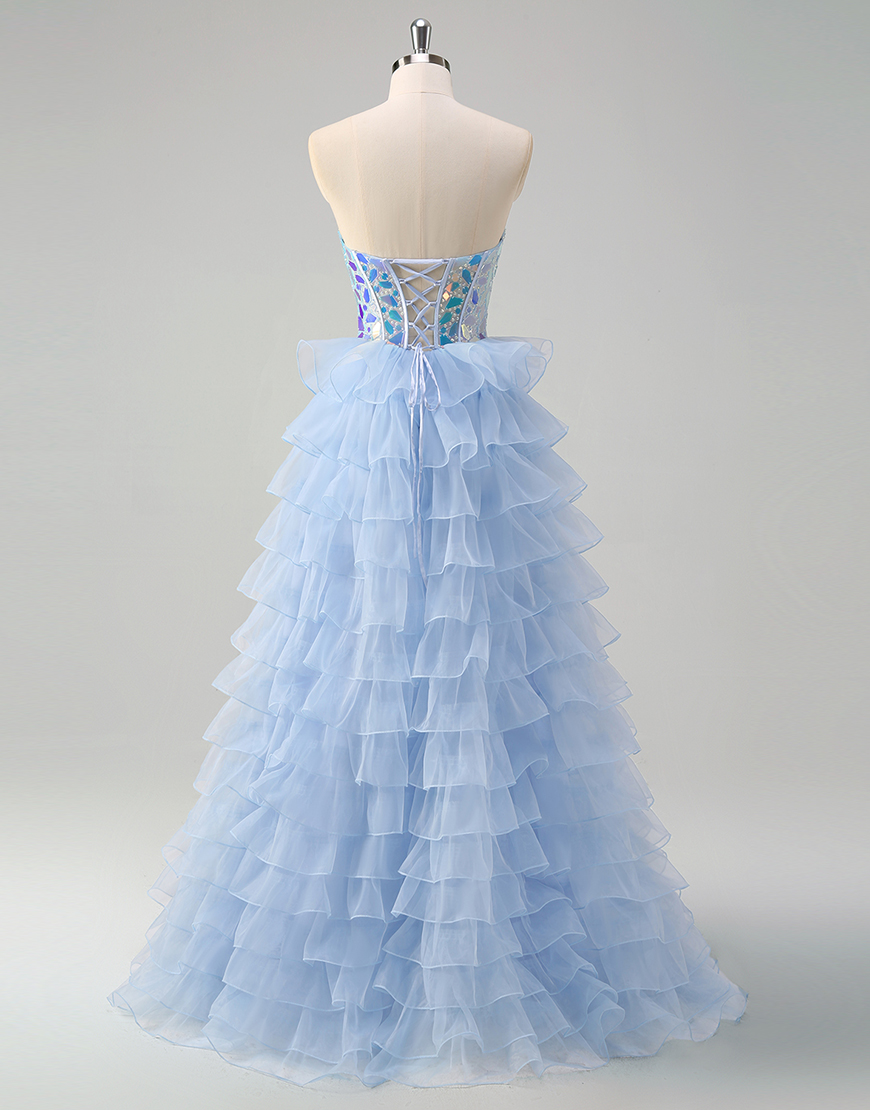 Sparkly Blue A-Line Mirrors Strapless Tiered Long Prom Dress