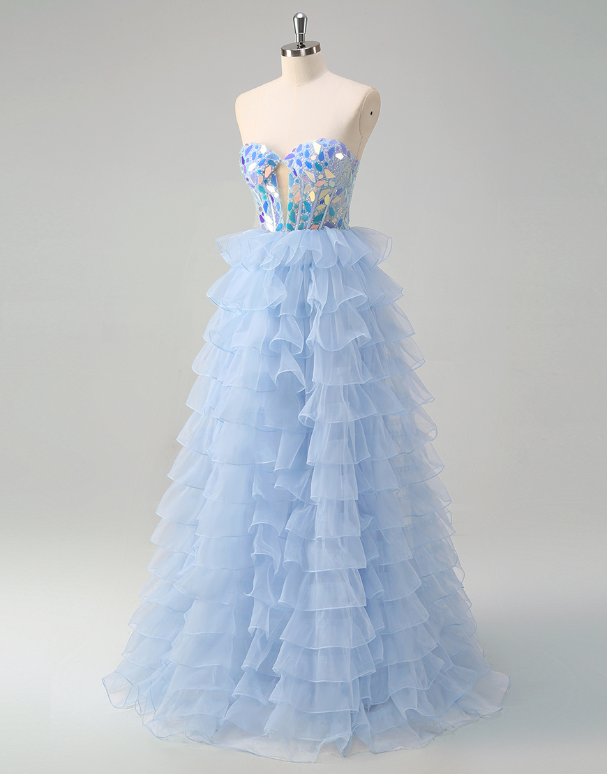 Sparkly Blue A-Line Mirrors Strapless Tiered Long Prom Dress