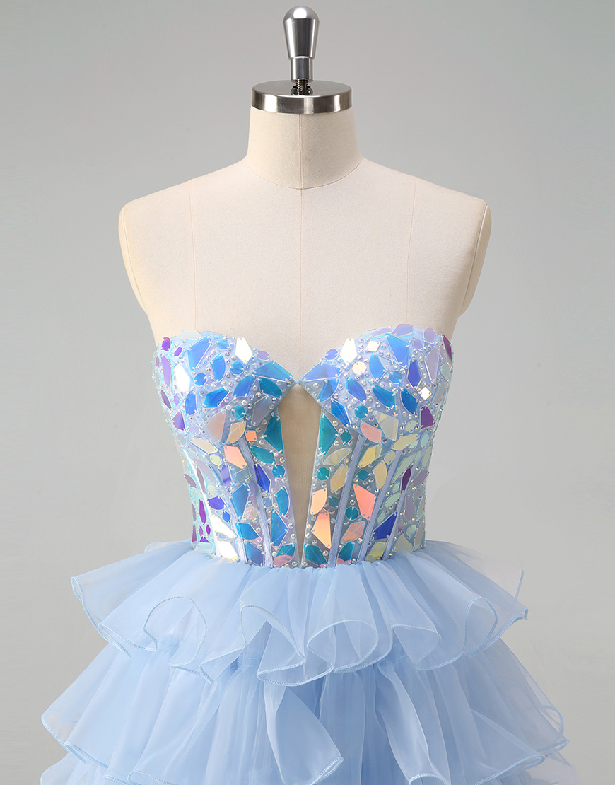 Sparkly Blue A-Line Mirrors Strapless Tiered Long Prom Dress