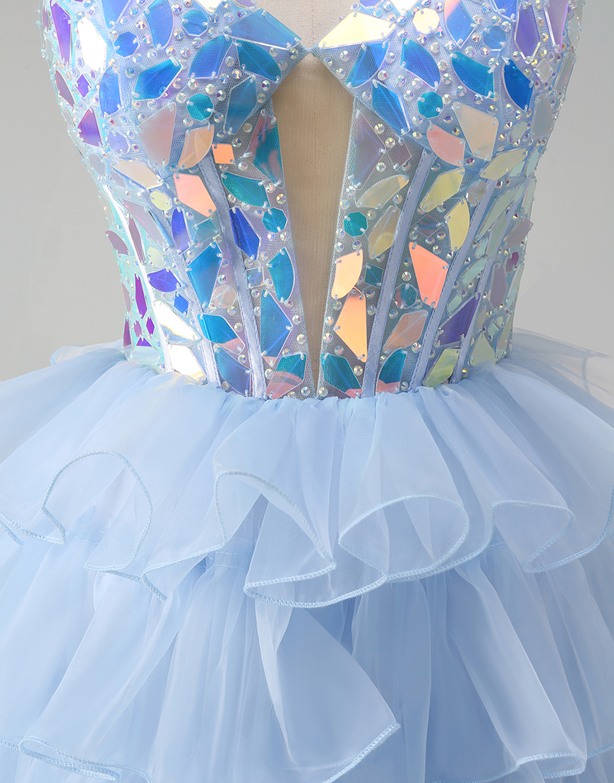 Sparkly Blue A-Line Mirrors Strapless Tiered Long Prom Dress