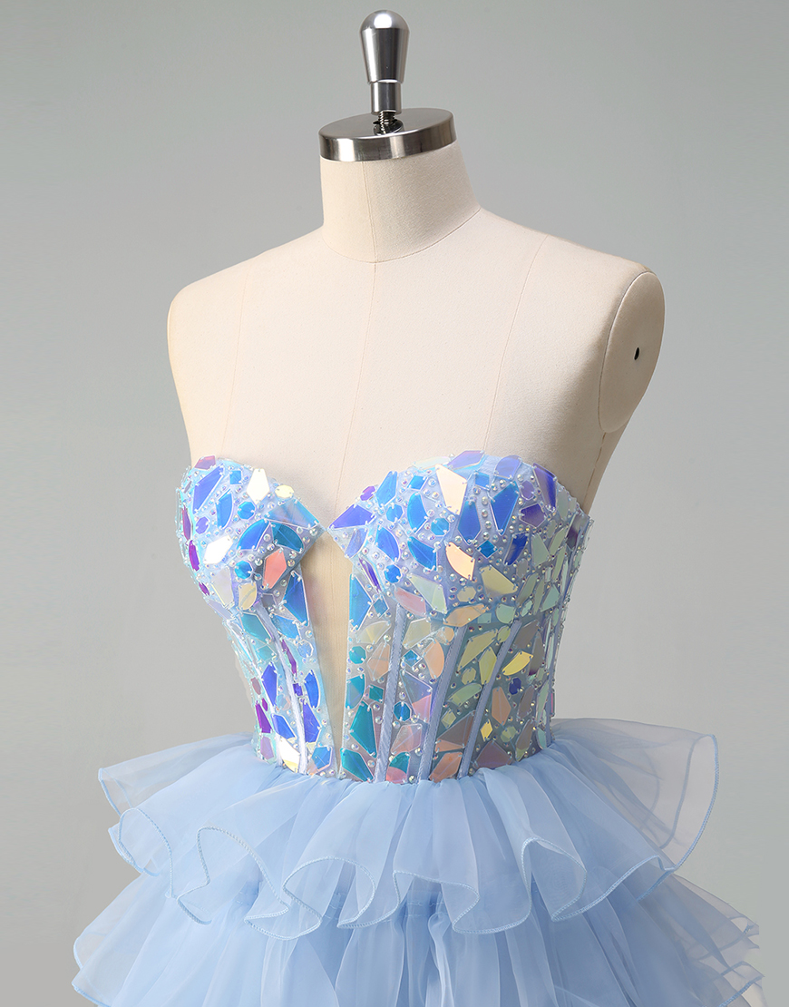 Sparkly Blue A-Line Mirrors Strapless Tiered Long Prom Dress