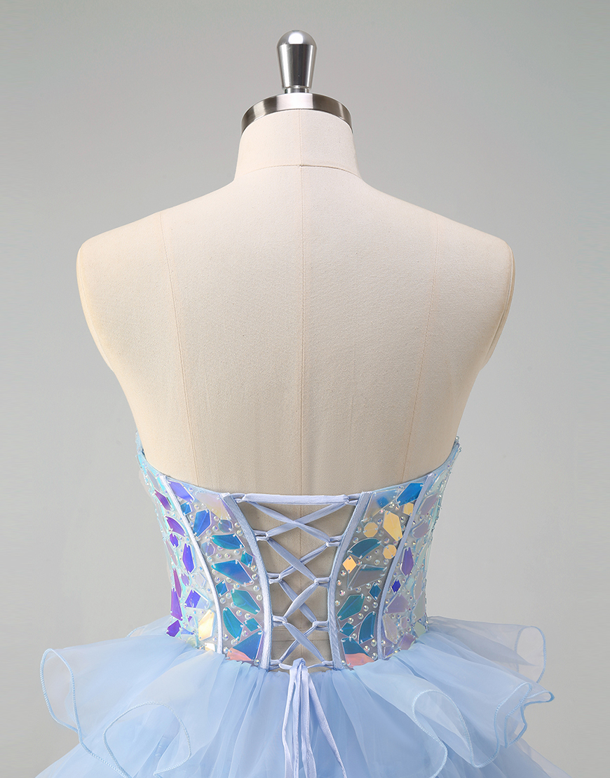 Sparkly Blue A-Line Mirrors Strapless Tiered Long Prom Dress