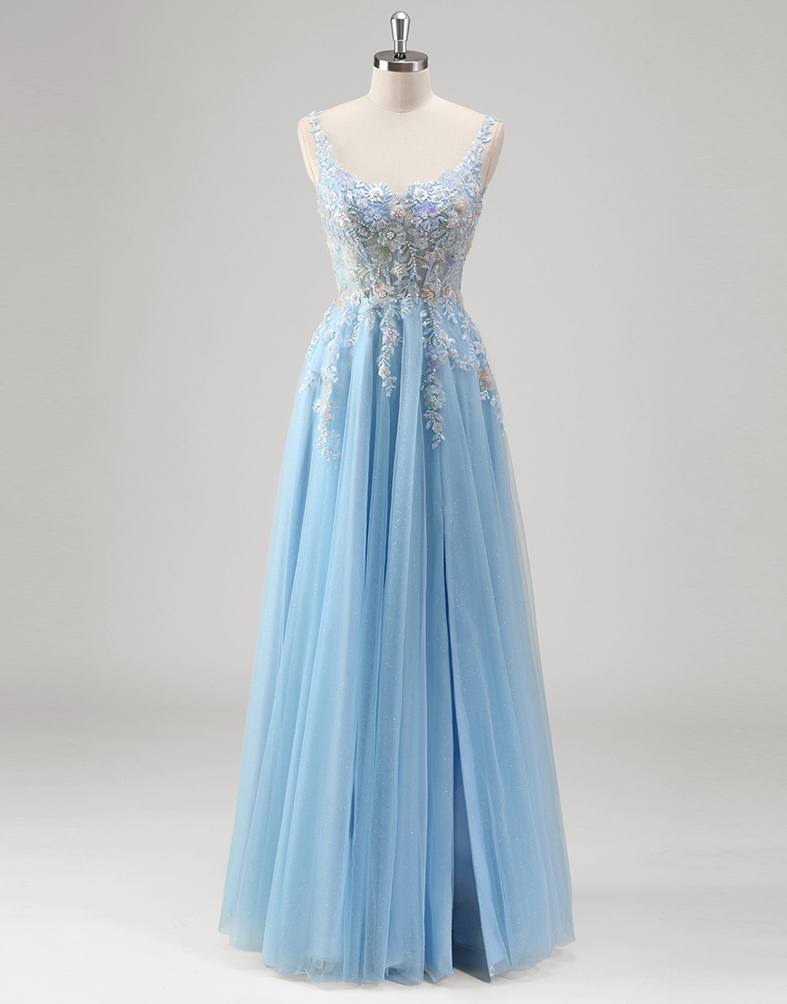 Sparkly Light Blue A-Line Beading Flowers  Round Neck Corset Tulle Long Prom Dress with Slit