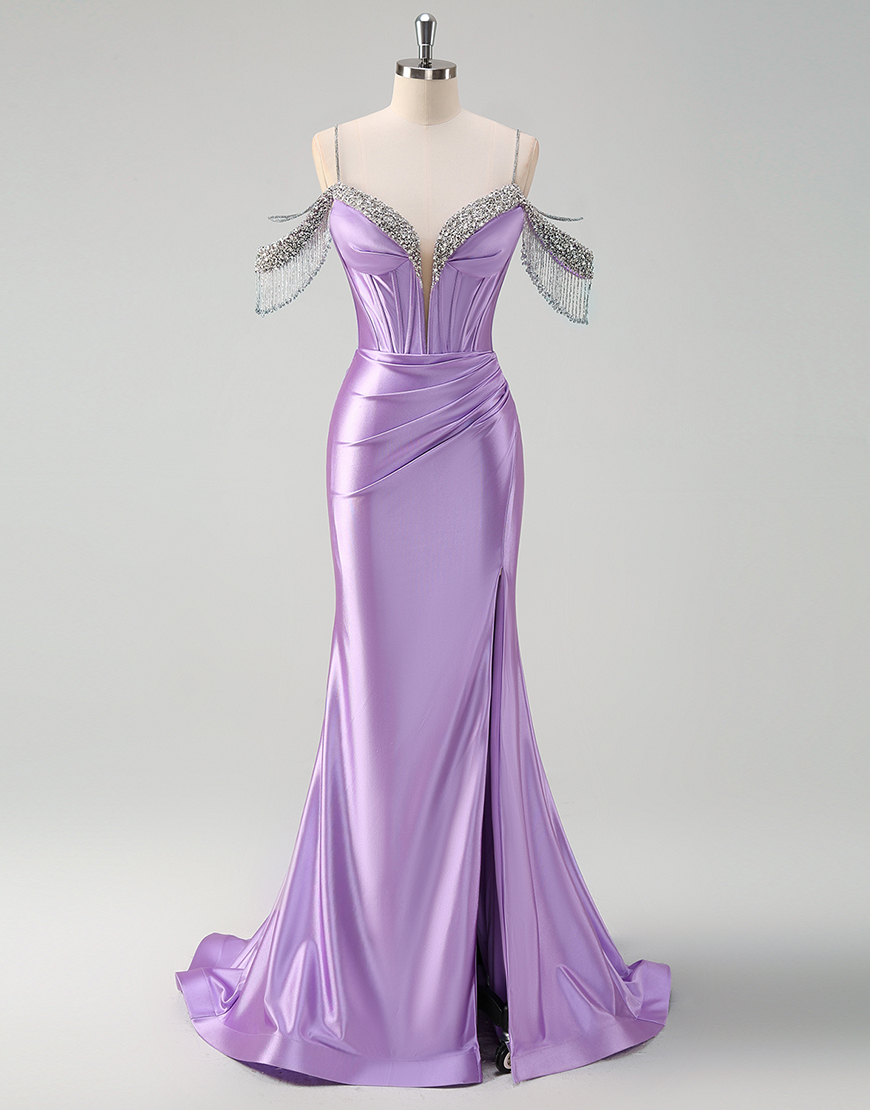 Sparkly Lilac Mermaid Corset Tassels Off the Shoulder Satin Long Prom Dress with Slit