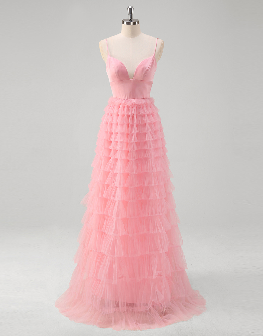 Pink A-Line Spaghetti Straps Ruffles Tulle Long Prom Dress