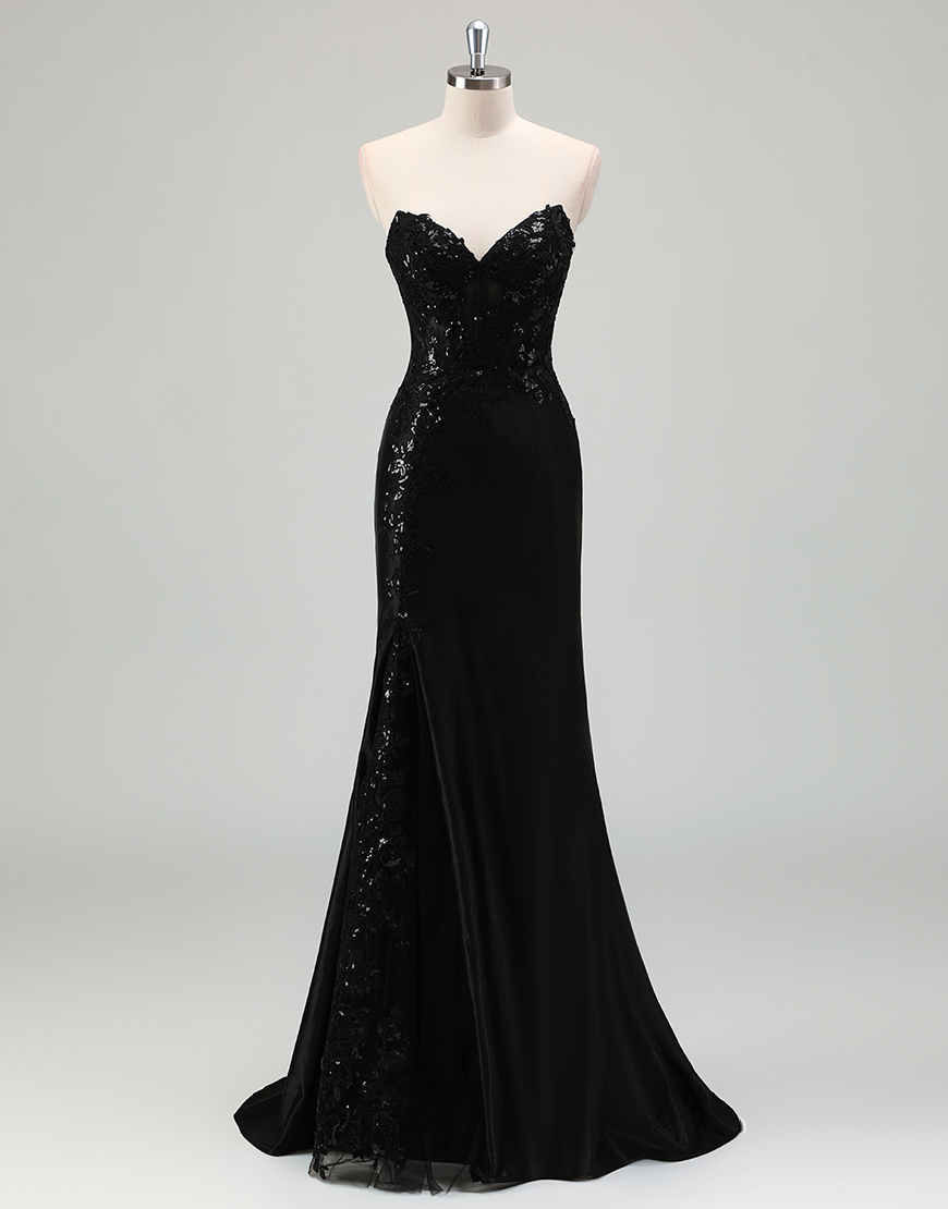 Sparkly Black Mermaid Strapless Corset Appliques Long Prom Dress with Slit