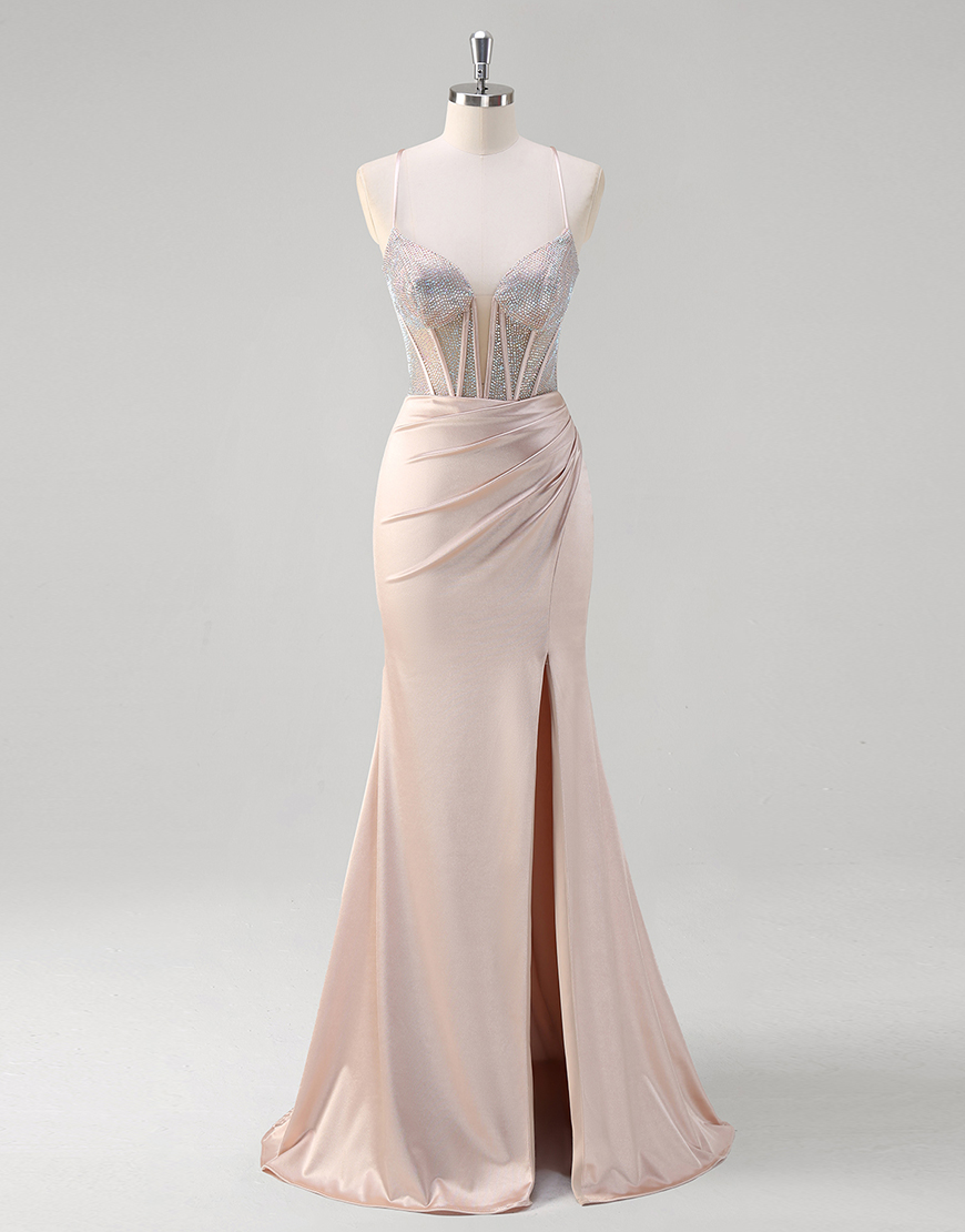 Sparkly Blush Mermaid Spaghetti Straps Beaded Corset Satin Long Prom Dress with Slit