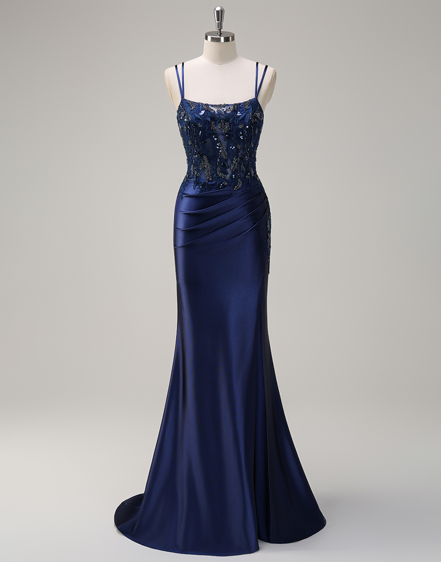 Sparkly Navy Mermaid Spaghetti Straps Corset Beading Appliques Satin Long Prom Dress with Slit