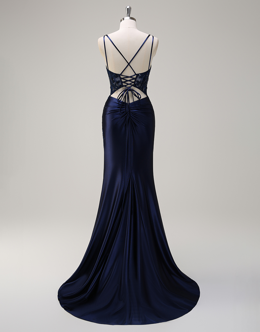 Sparkly Navy Mermaid Spaghetti Straps Corset Beading Appliques Satin Long Prom Dress with Slit