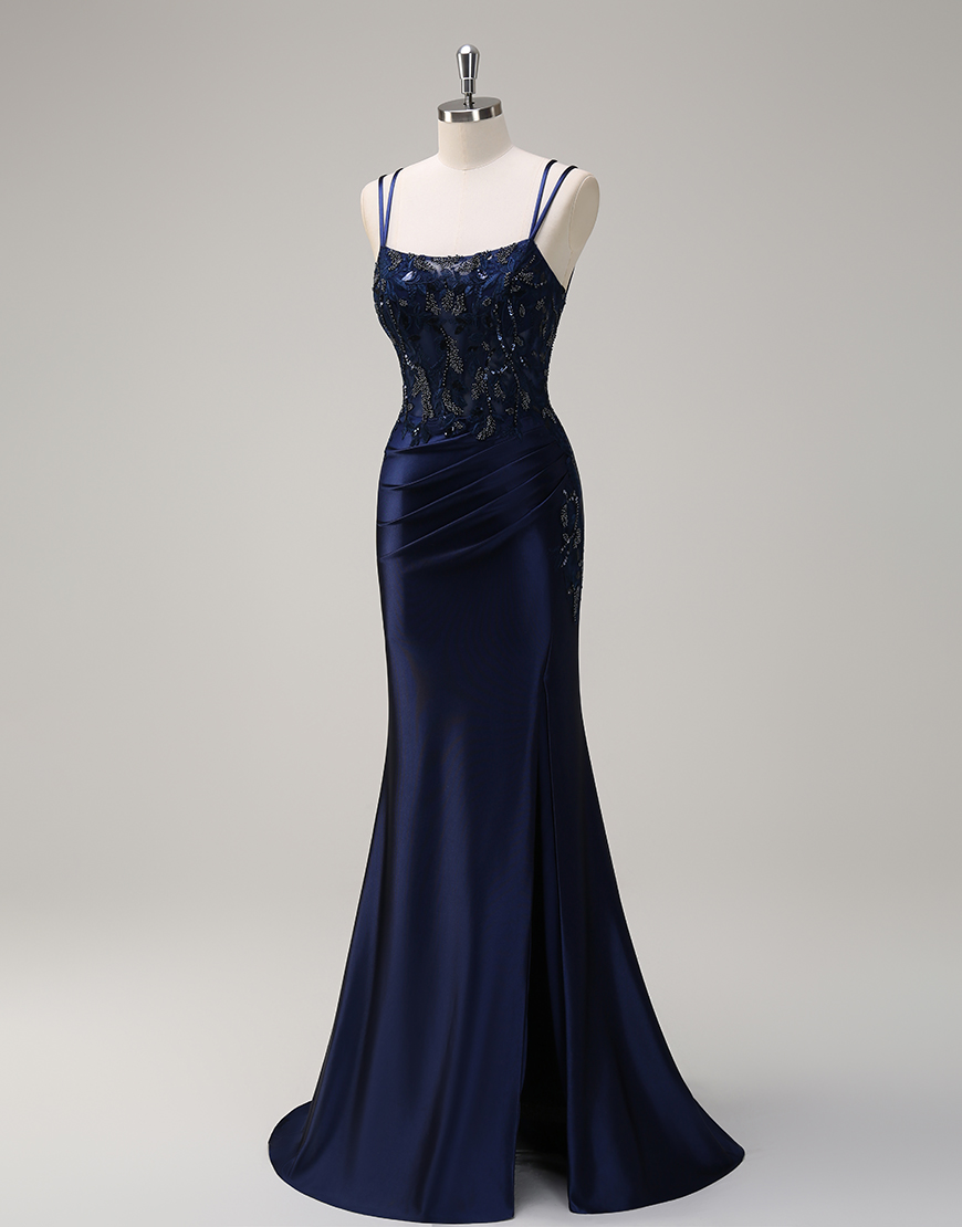 Sparkly Navy Mermaid Spaghetti Straps Corset Beading Appliques Satin Long Prom Dress with Slit