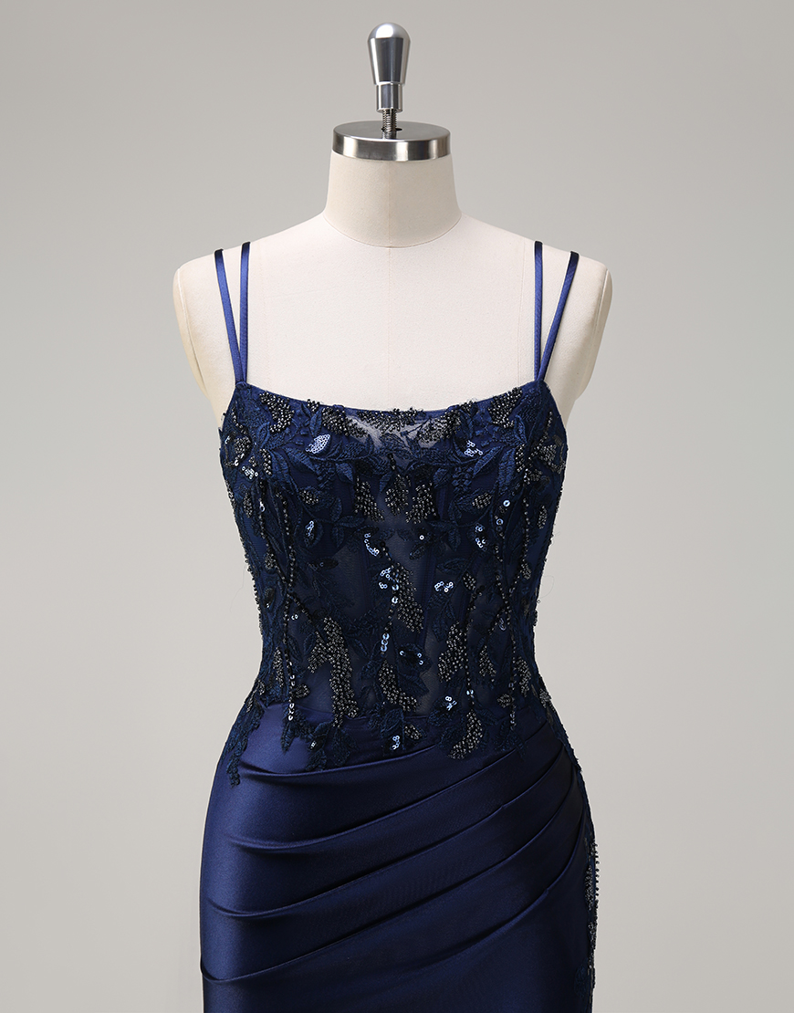 Sparkly Navy Mermaid Spaghetti Straps Corset Beading Appliques Satin Long Prom Dress with Slit