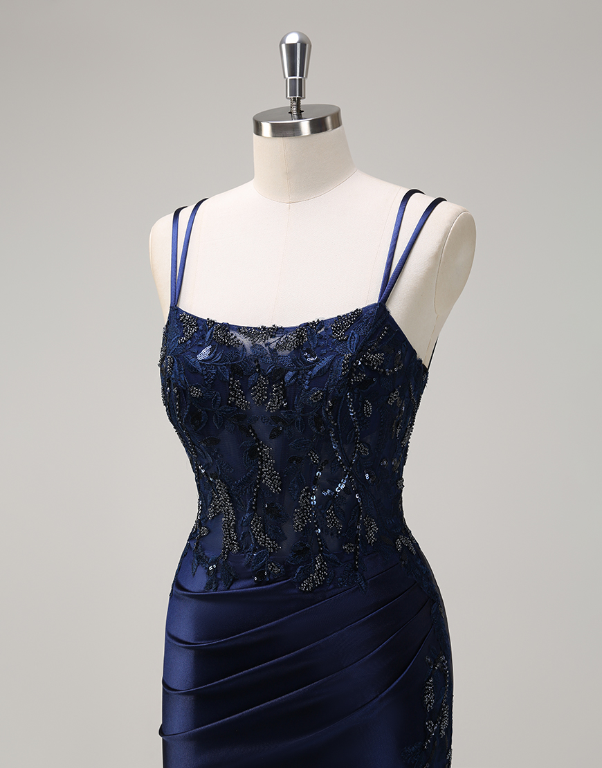 Sparkly Navy Mermaid Spaghetti Straps Corset Beading Appliques Satin Long Prom Dress with Slit