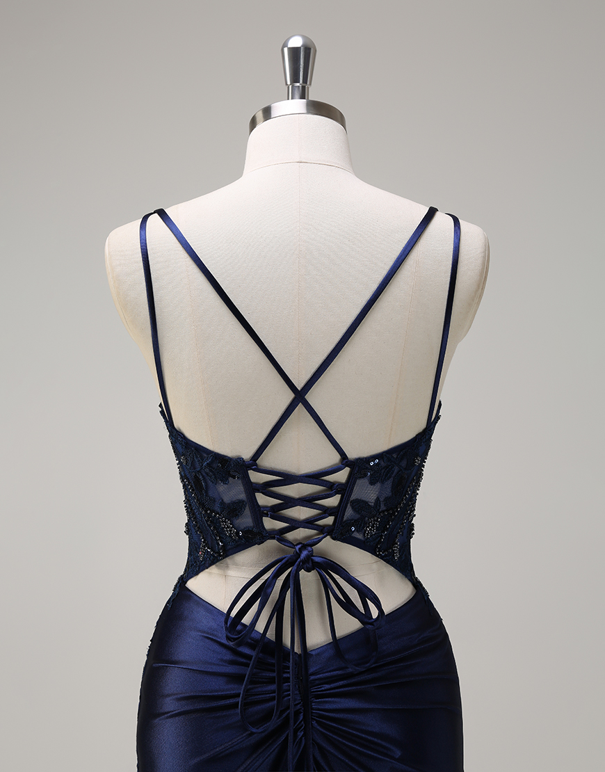Sparkly Navy Mermaid Spaghetti Straps Corset Beading Appliques Satin Long Prom Dress with Slit