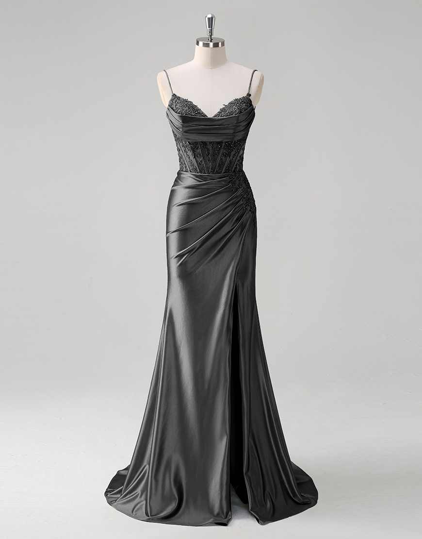 Sparkly Green Mermaid Appliques Spaghetti Straps Corset Long Prom Dress with Slit