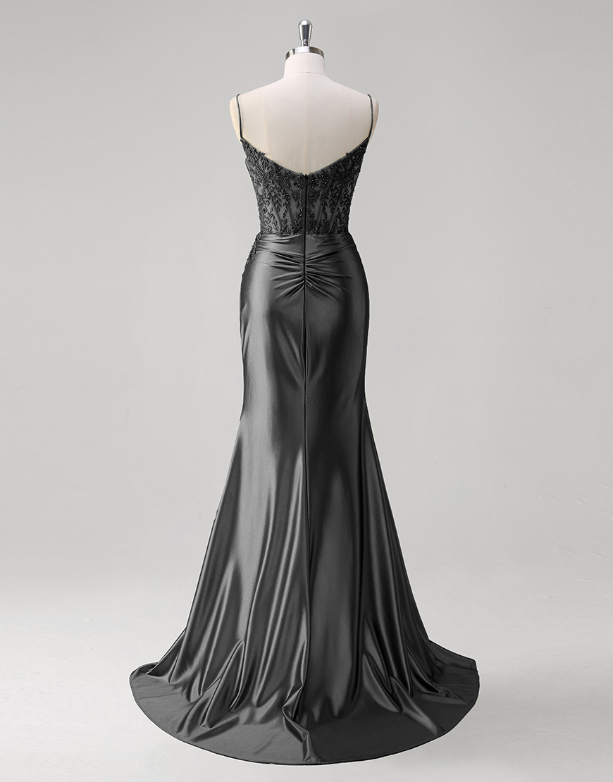 Sparkly Green Mermaid Appliques Spaghetti Straps Corset Long Prom Dress with Slit