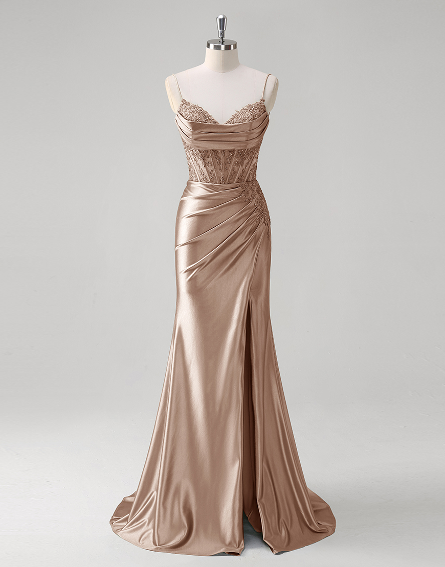 Sparkly Green Mermaid Appliques Spaghetti Straps Corset Long Prom Dress with Slit