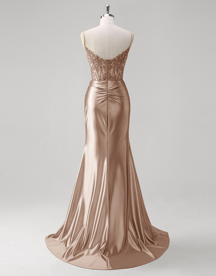 Sparkly Green Mermaid Appliques Spaghetti Straps Corset Long Prom Dress with Slit