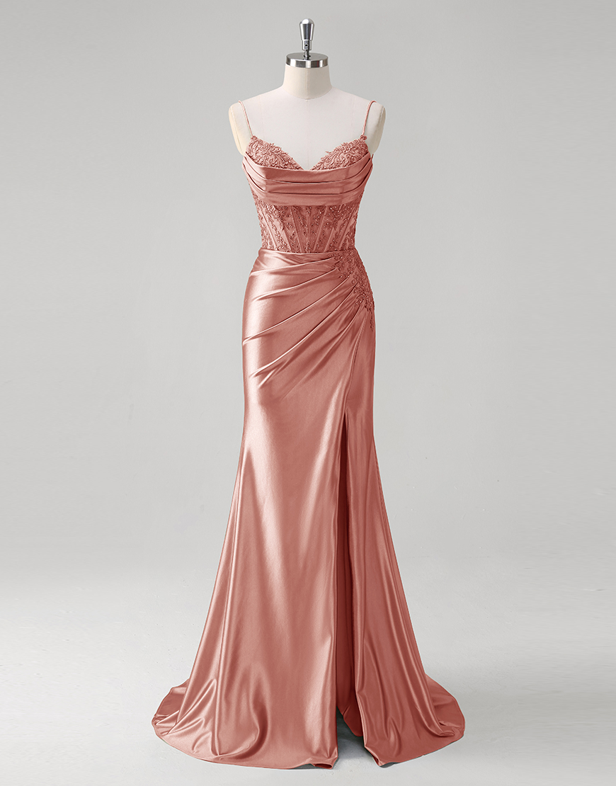 Sparkly Green Mermaid Appliques Spaghetti Straps Corset Long Prom Dress with Slit