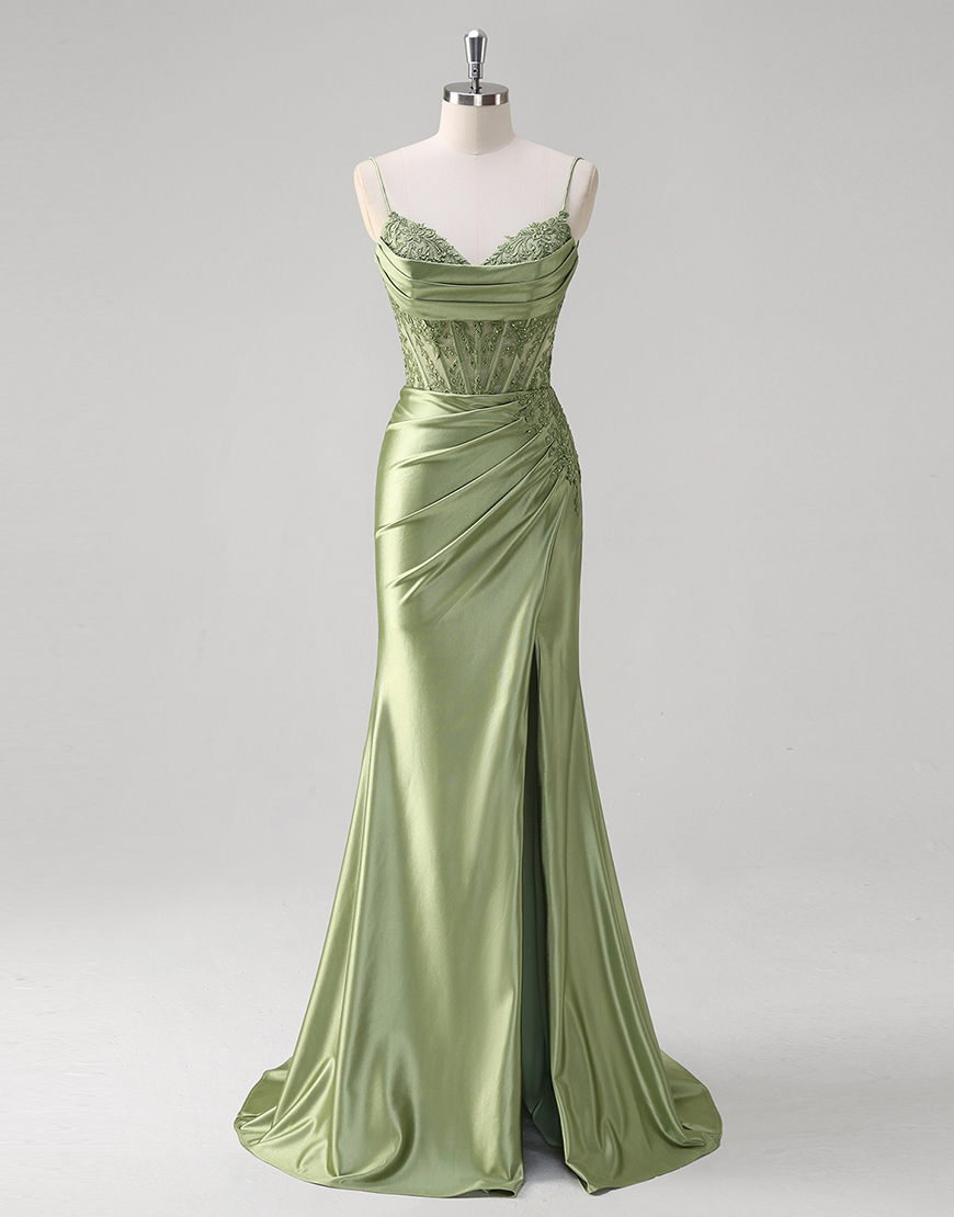 Sparkly Green Mermaid Appliques Spaghetti Straps Corset Long Prom Dress with Slit