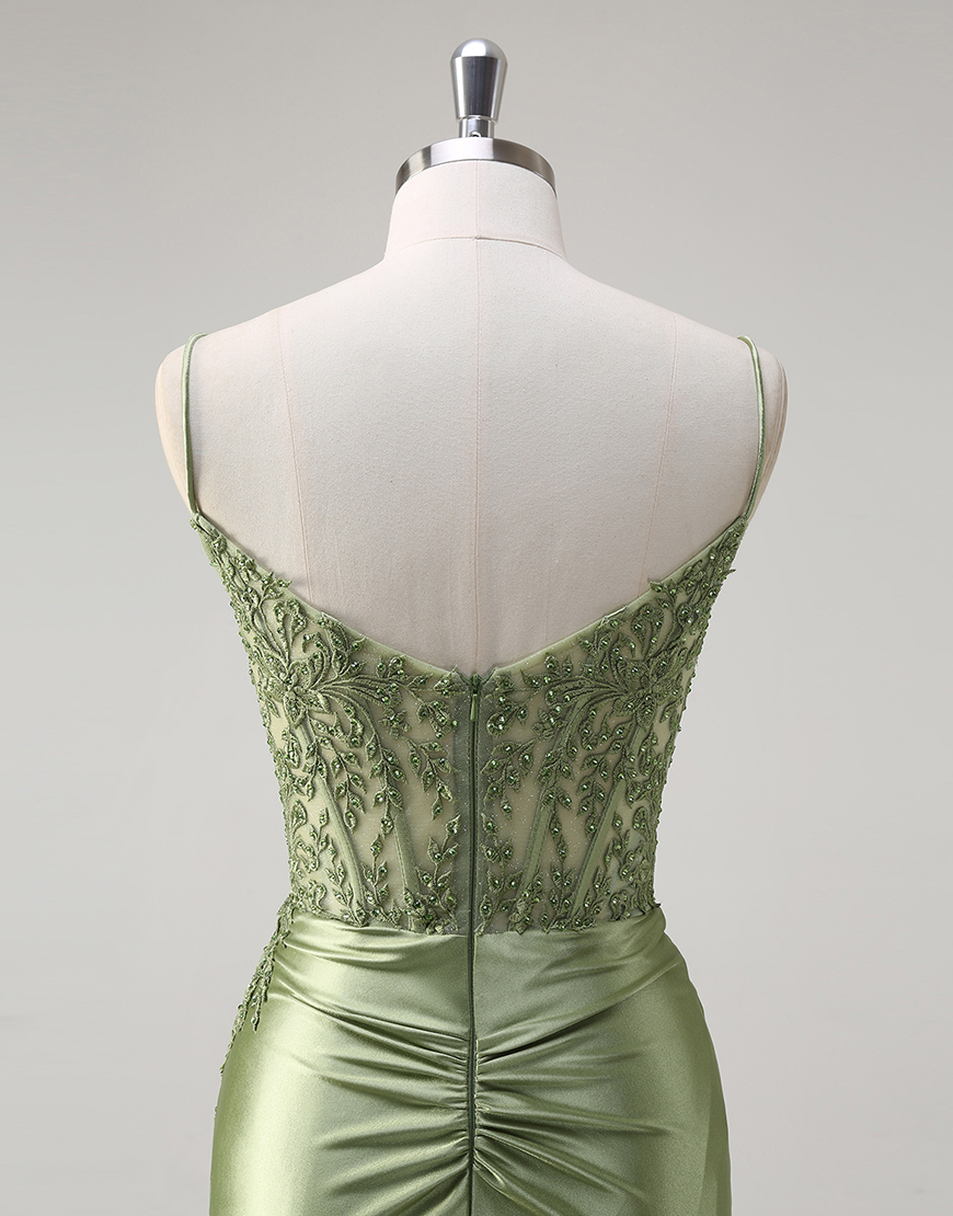 Sparkly Green Mermaid Appliques Spaghetti Straps Corset Long Prom Dress with Slit