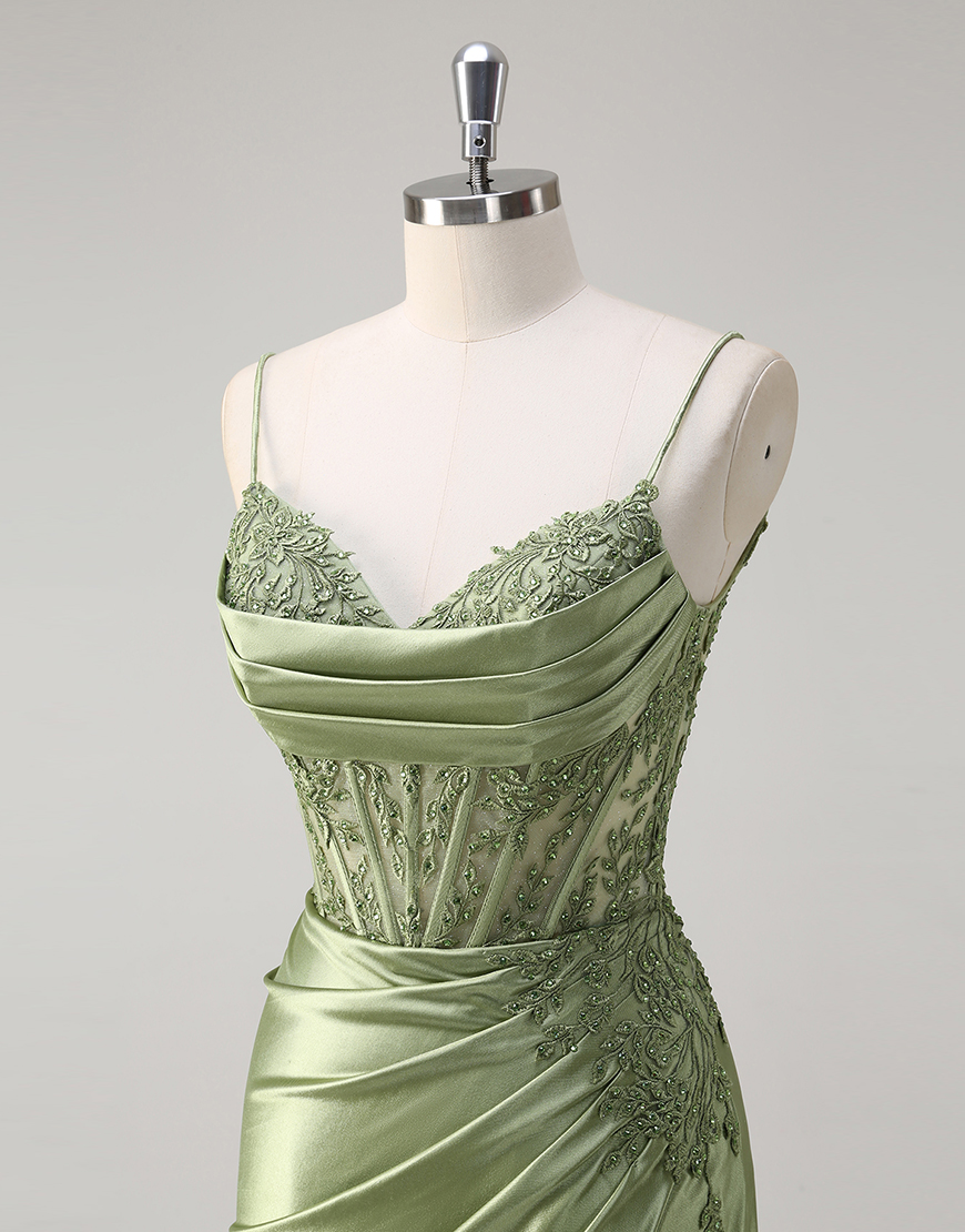 Sparkly Green Mermaid Appliques Spaghetti Straps Corset Long Prom Dress with Slit