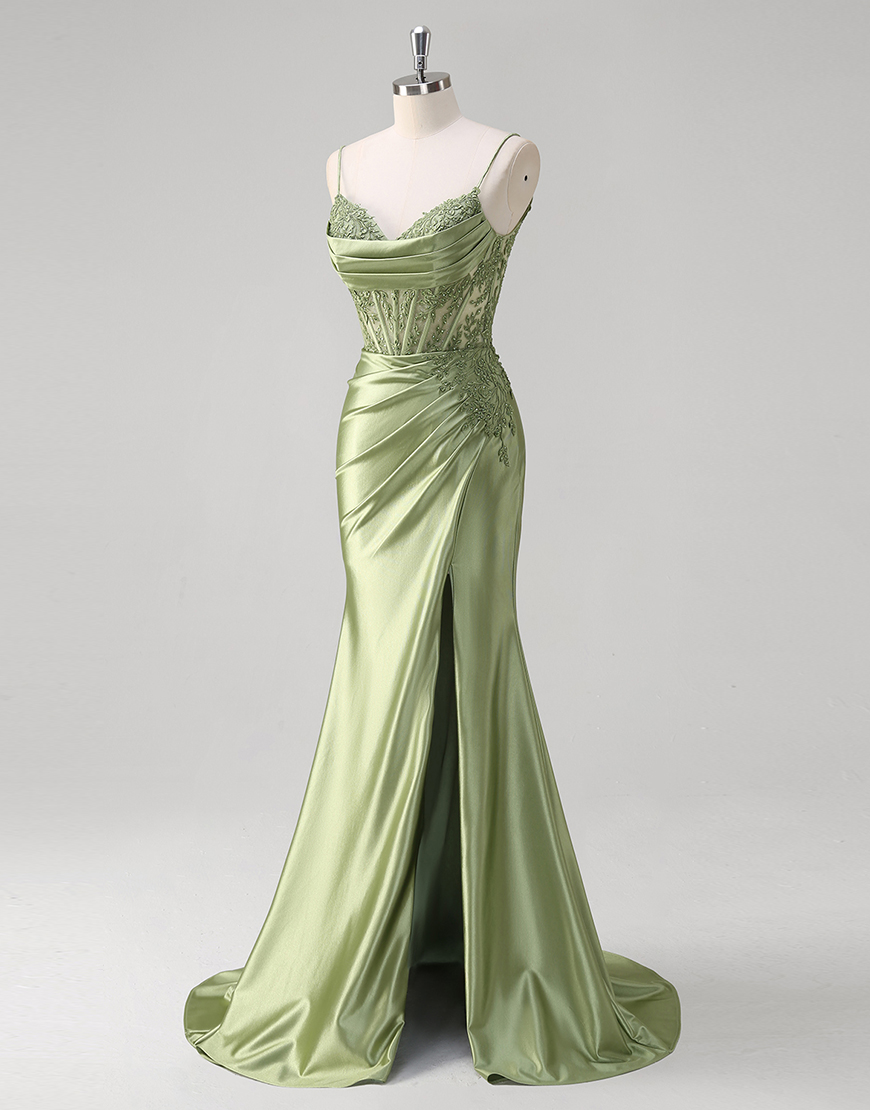 Sparkly Green Mermaid Appliques Spaghetti Straps Corset Long Prom Dress with Slit