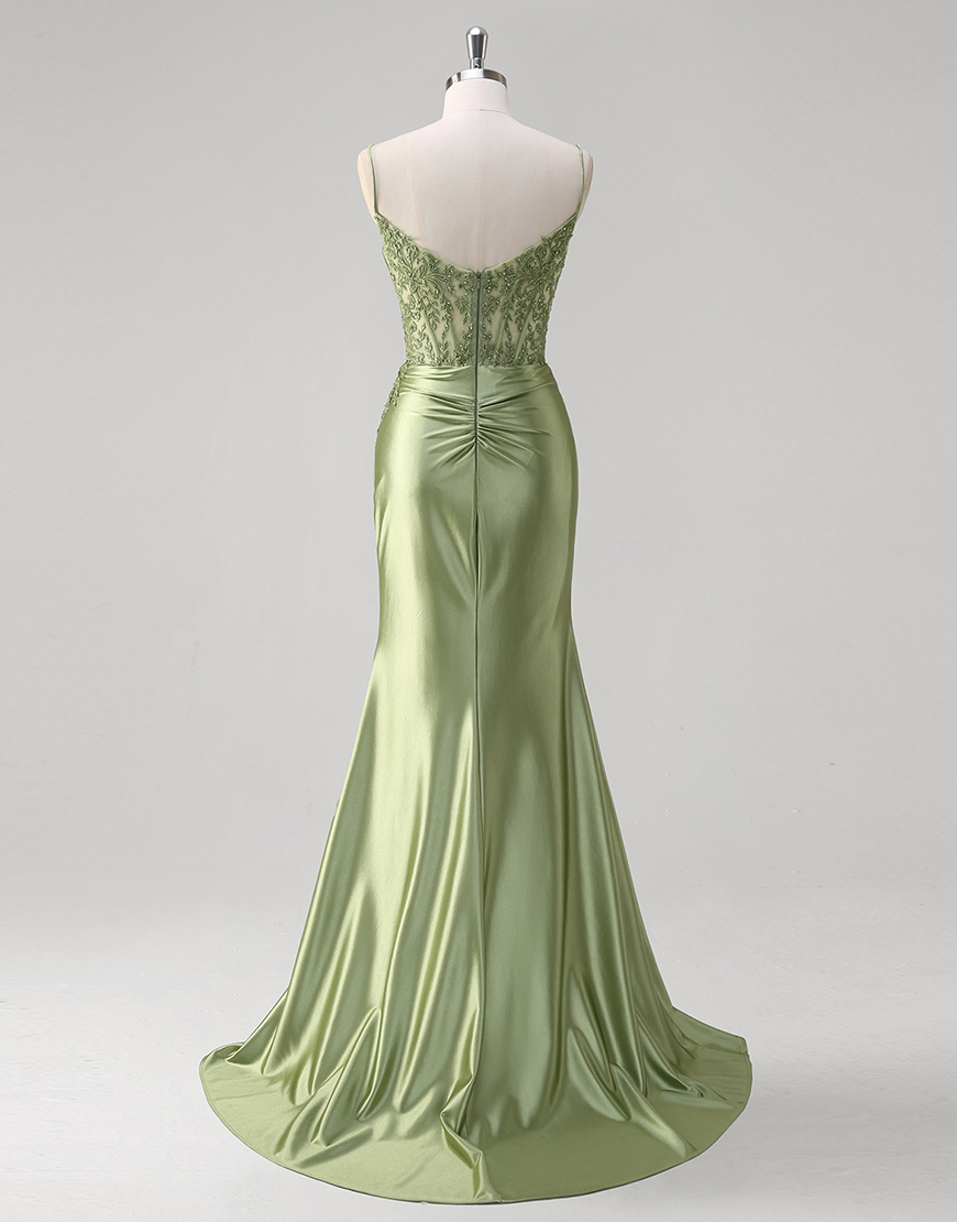 Sparkly Green Mermaid Appliques Spaghetti Straps Corset Long Prom Dress with Slit