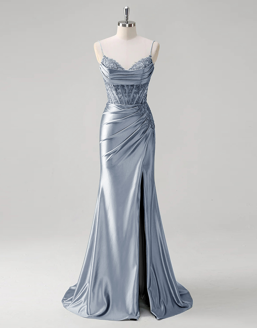 Sparkly Green Mermaid Appliques Spaghetti Straps Corset Long Prom Dress with Slit