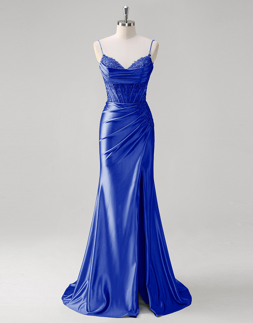 Sparkly Green Mermaid Appliques Spaghetti Straps Corset Long Prom Dress with Slit