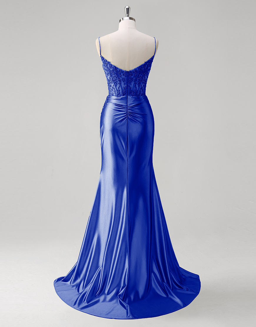 Sparkly Green Mermaid Appliques Spaghetti Straps Corset Long Prom Dress with Slit