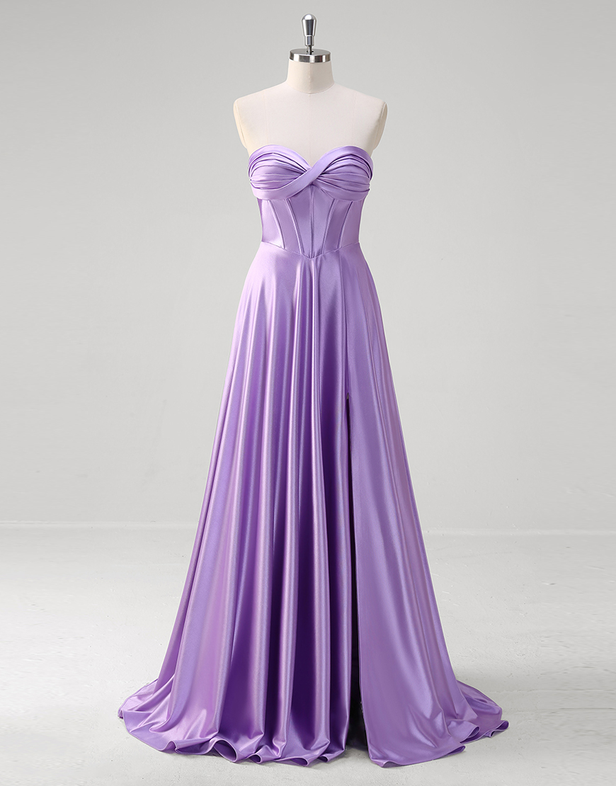 Purple A-Line Strapless Ruched Satin Long Prom Dress with Slit