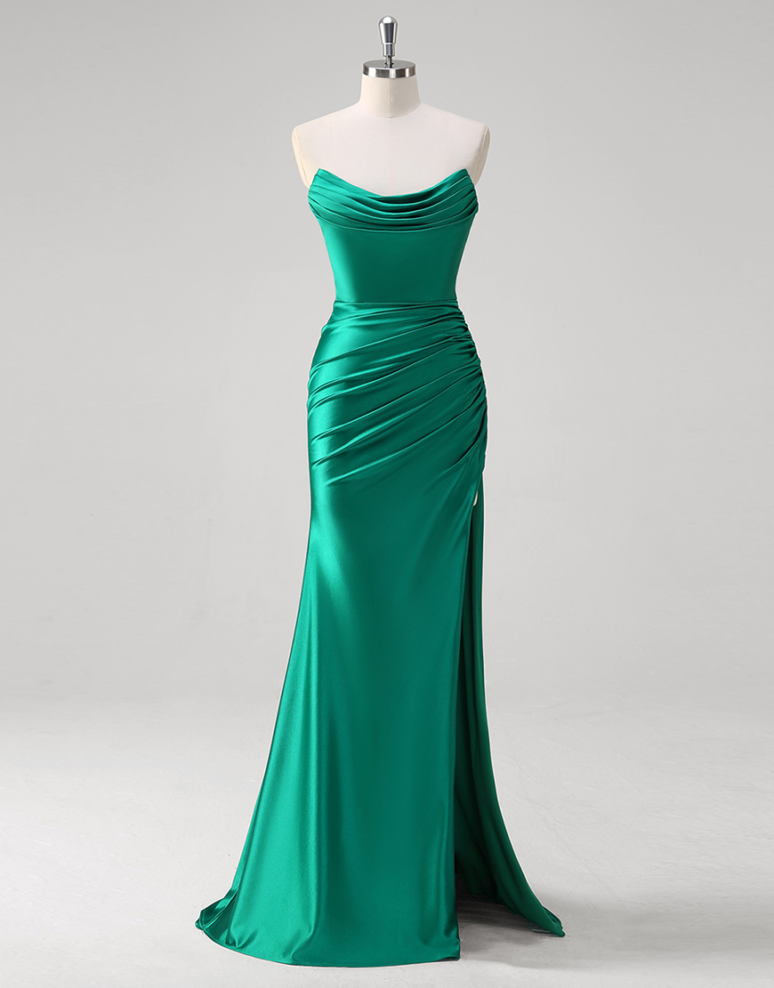 Green Mermaid Strapless Ruched Satin Long Prom Dress with Slit
