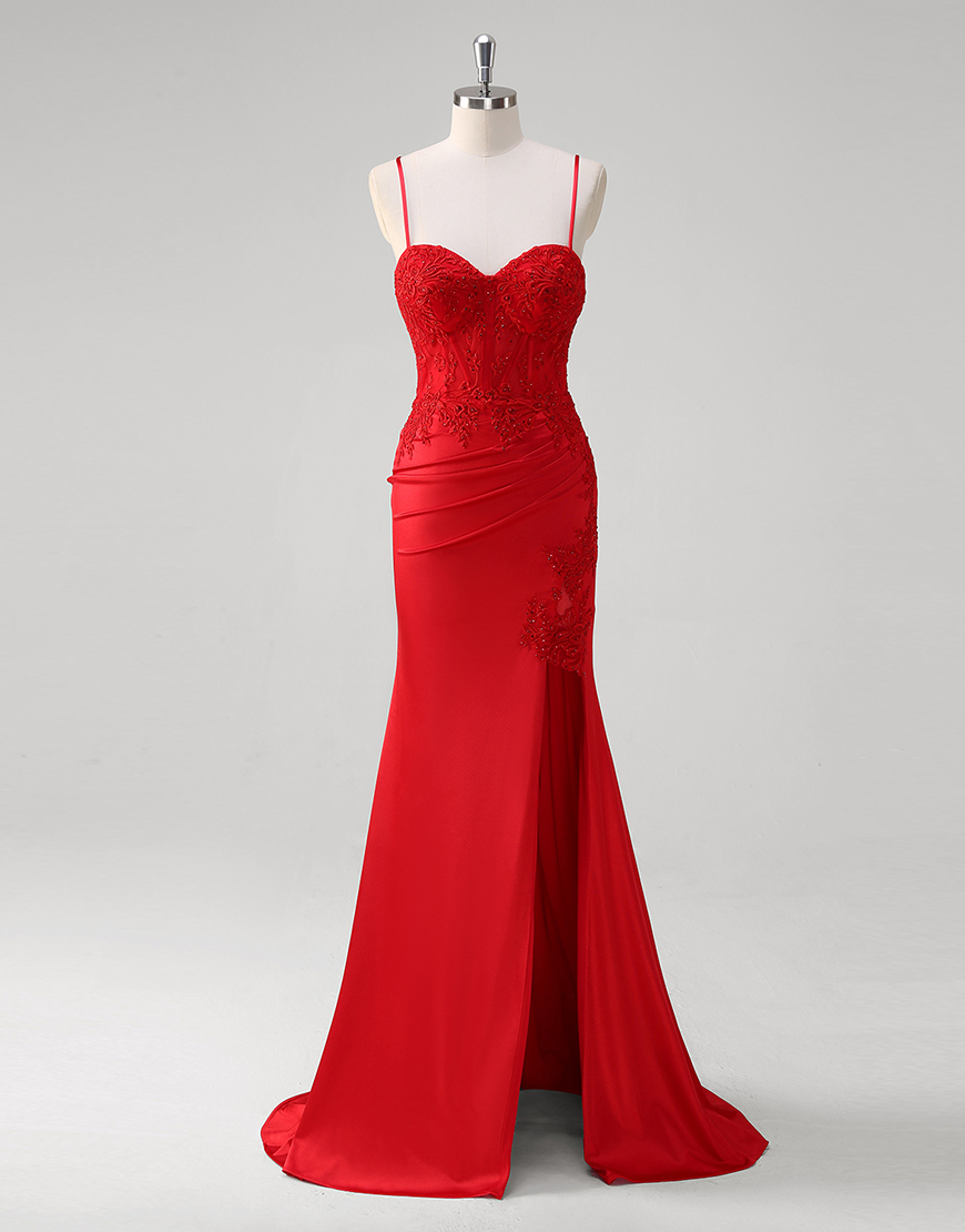 Sparkly Red Mermaid Spaghetti Straps Appliques Corset Long Prom Dress with Slit