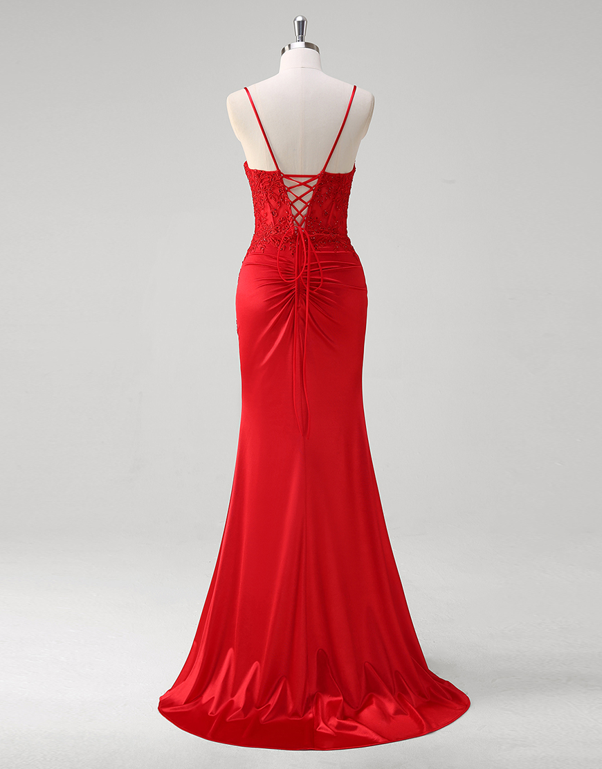 Sparkly Red Mermaid Spaghetti Straps Appliques Corset Long Prom Dress with Slit