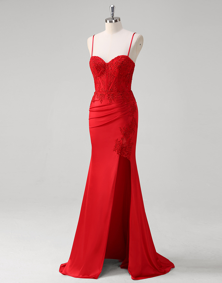 Sparkly Red Mermaid Spaghetti Straps Appliques Corset Long Prom Dress with Slit