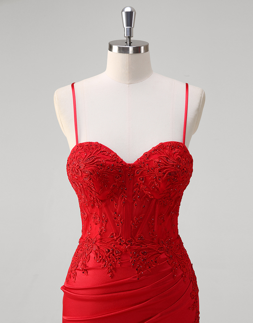 Sparkly Red Mermaid Spaghetti Straps Appliques Corset Long Prom Dress with Slit