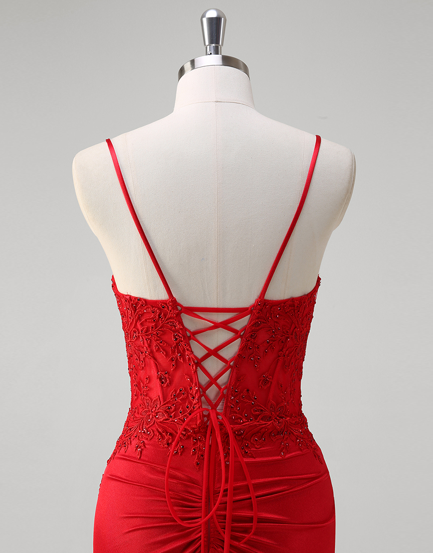 Sparkly Red Mermaid Spaghetti Straps Appliques Corset Long Prom Dress with Slit