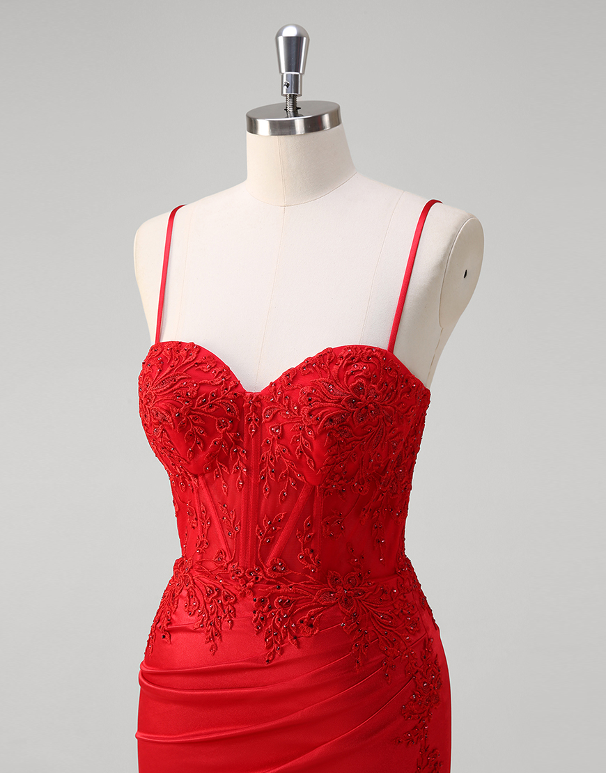 Sparkly Red Mermaid Spaghetti Straps Appliques Corset Long Prom Dress with Slit