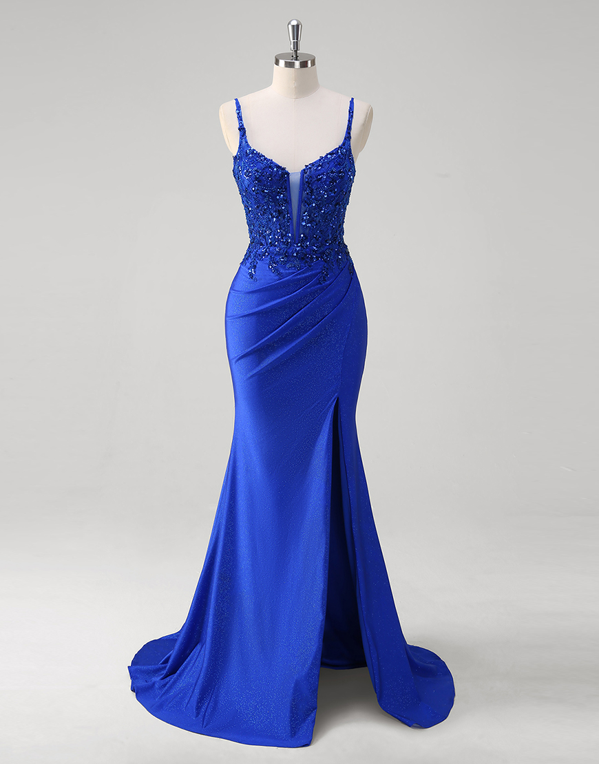 Sparkly Royal Blue Mermaid Spaghetti Straps Corset Appliques Long Prom Dress with Slit