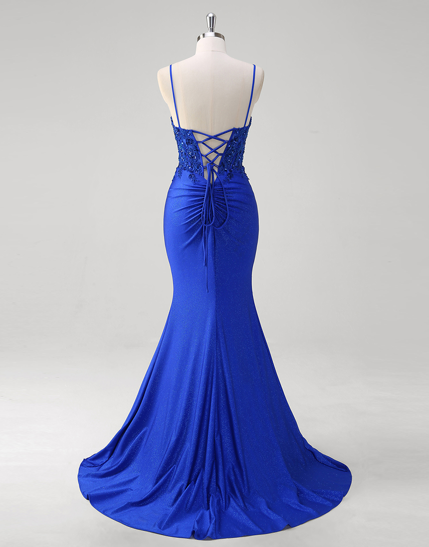 Sparkly Royal Blue Mermaid Spaghetti Straps Corset Appliques Long Prom Dress with Slit
