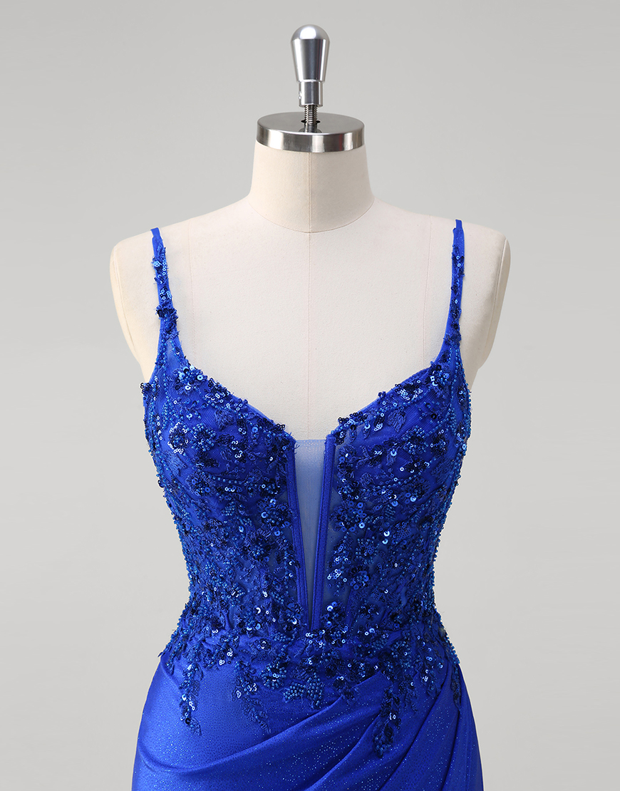 Sparkly Royal Blue Mermaid Spaghetti Straps Corset Appliques Long Prom Dress with Slit