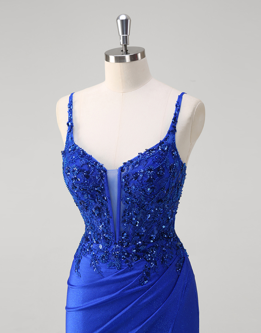 Sparkly Royal Blue Mermaid Spaghetti Straps Corset Appliques Long Prom Dress with Slit