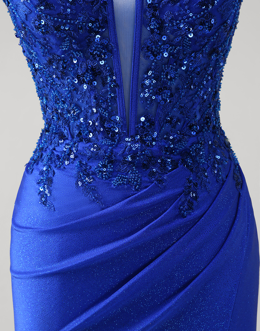 Sparkly Royal Blue Mermaid Spaghetti Straps Corset Appliques Long Prom Dress with Slit
