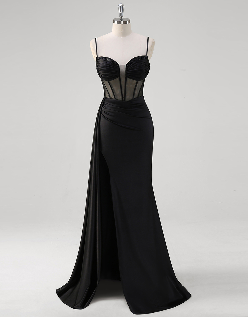 Sparkly Black Mermaid Spaghetti Straps Corset Beaded Long Prom Dress with Slit