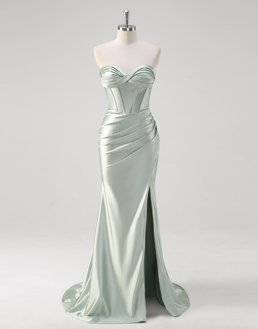 Matcha Mermaid Strapless Corset Ruched Satin Long Prom Dress with Slit